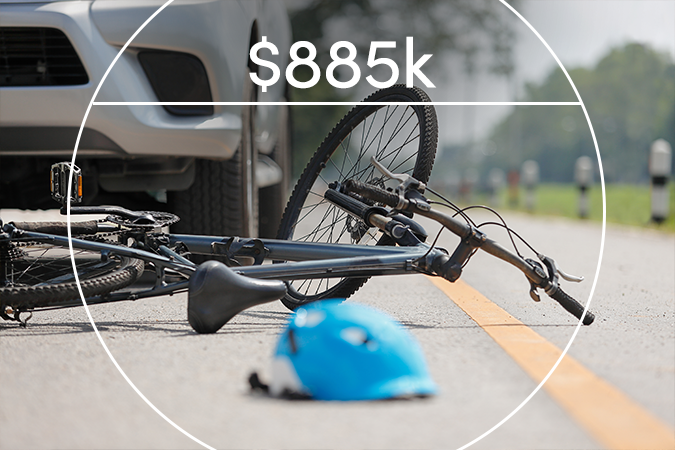 Car accident with bike on the ground with text overlaid: $885k