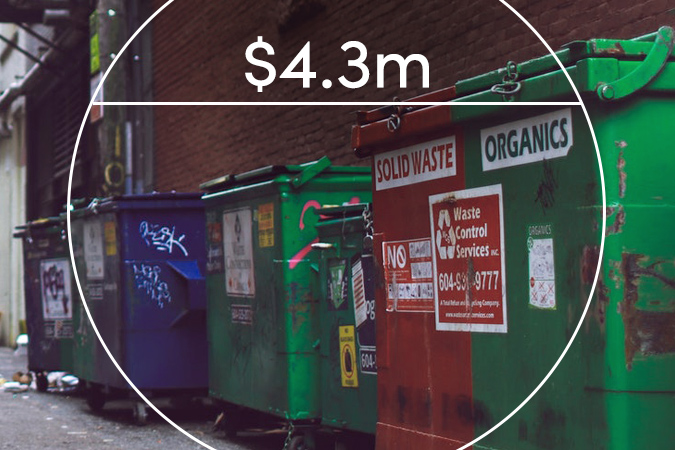 Large dumpsters in alley with text overlaid: $4.3m