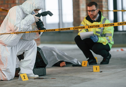 Forensic investigator in a white suit photographs a crime scene with caution tape, while an officer takes notes nearby.