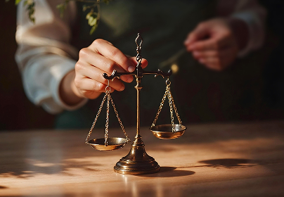 A person adjusts a brass balance scale on a wooden table, with soft lighting and greenery in the background.
