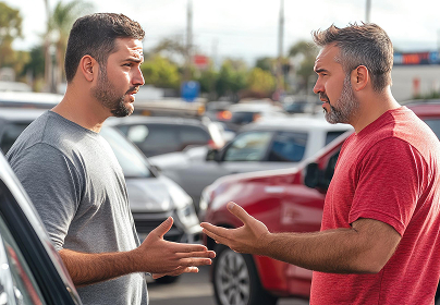 Two men in casual clothing argue in a parking lot, surrounded by parked cars and palm trees in the background.