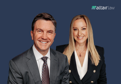 Two smiling professionals, a man in a suit and a woman in a blazer, against a dark blue background with the Altair Law logo.