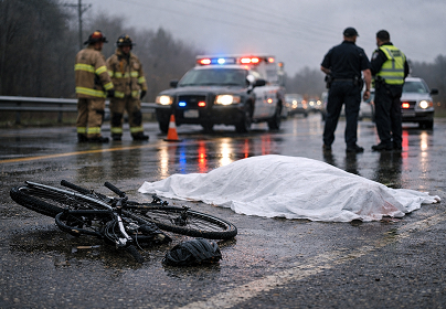 Emergency responders at an accident scene with a covered body and a bicycle on a wet road. Police cars with lights on.