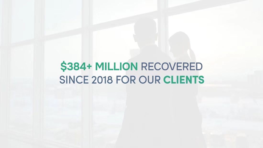 $384+ million recovered since 2018 for our clients, with a blurred cityscape in the background.